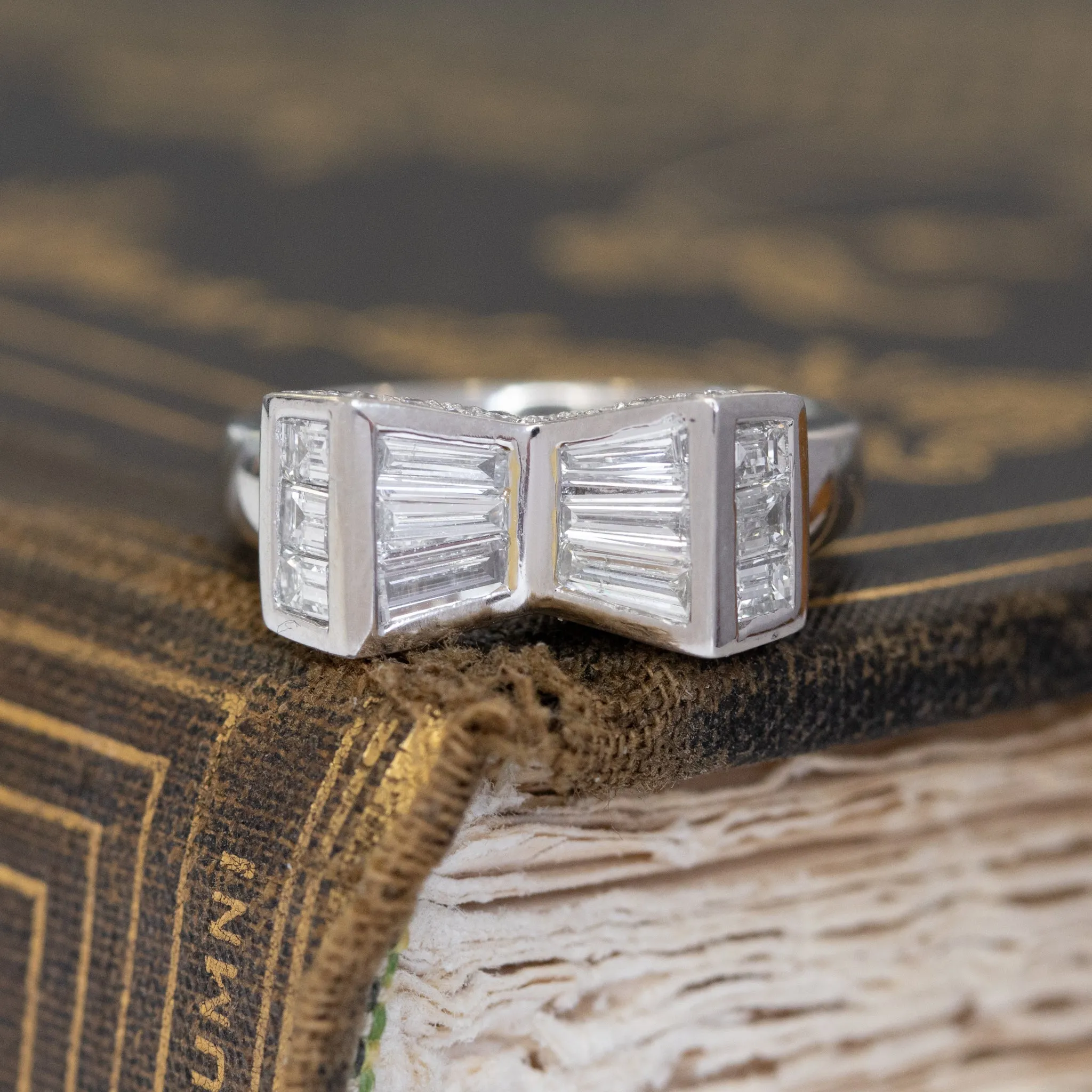 1.35ctw Art Deco Step Cut Diamond Bow Motif Ring