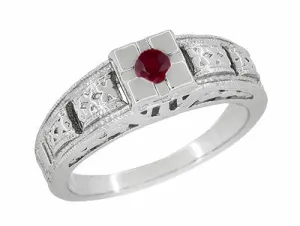 1920's Art Deco Engraved Ruby Band Ring in Sterling Silver