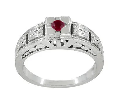 1920's Art Deco Engraved Ruby Band Ring in Sterling Silver