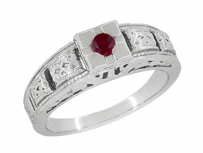 1920's Art Deco Engraved Ruby Band Ring in Sterling Silver