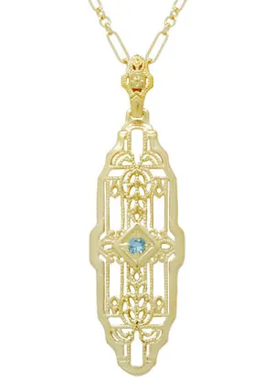 1920's Art Deco Filigree Sky Blue Topaz Necklace in Yellow Gold Over Sterling Silver