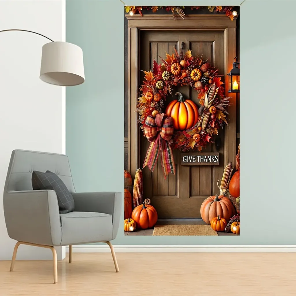 1pc, Rustic Pumpkin Wreath Fall Happy Thanksgiving Porch Banner, 35x70 inches, Polyester, Vertical Seasonal Door Decor, Festive Home & Kitchen Wall Art, Artistic Graphic Hanging Poster for Party Decoration
