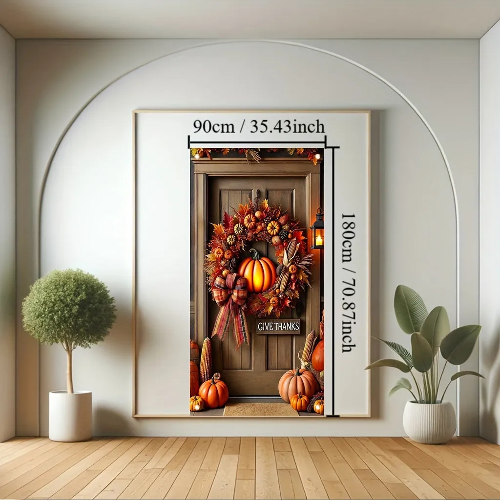 1pc, Rustic Pumpkin Wreath Fall Happy Thanksgiving Porch Banner, 35x70 inches, Polyester, Vertical Seasonal Door Decor, Festive Home & Kitchen Wall Art, Artistic Graphic Hanging Poster for Party Decoration