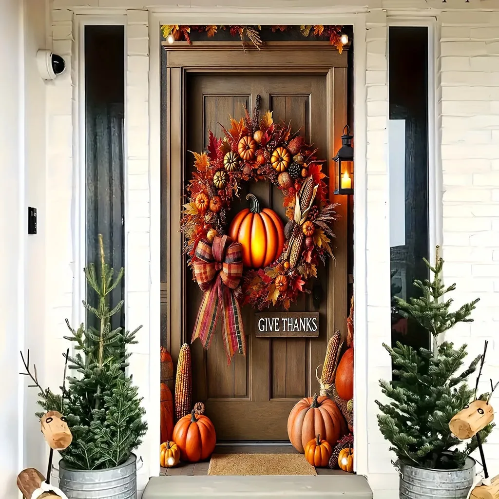 1pc, Rustic Pumpkin Wreath Fall Happy Thanksgiving Porch Banner, 35x70 inches, Polyester, Vertical Seasonal Door Decor, Festive Home & Kitchen Wall Art, Artistic Graphic Hanging Poster for Party Decoration