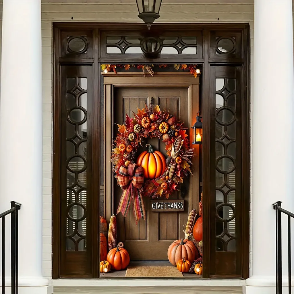1pc, Rustic Pumpkin Wreath Fall Happy Thanksgiving Porch Banner, 35x70 inches, Polyester, Vertical Seasonal Door Decor, Festive Home & Kitchen Wall Art, Artistic Graphic Hanging Poster for Party Decoration