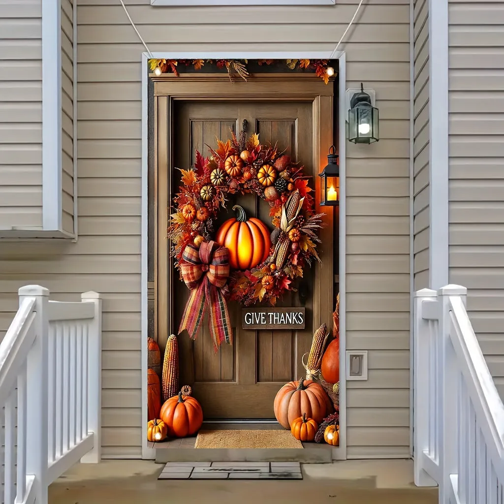 1pc, Rustic Pumpkin Wreath Fall Happy Thanksgiving Porch Banner, 35x70 inches, Polyester, Vertical Seasonal Door Decor, Festive Home & Kitchen Wall Art, Artistic Graphic Hanging Poster for Party Decoration