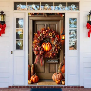 1pc, Rustic Pumpkin Wreath Fall Happy Thanksgiving Porch Banner, 35x70 inches, Polyester, Vertical Seasonal Door Decor, Festive Home & Kitchen Wall Art, Artistic Graphic Hanging Poster for Party Decoration