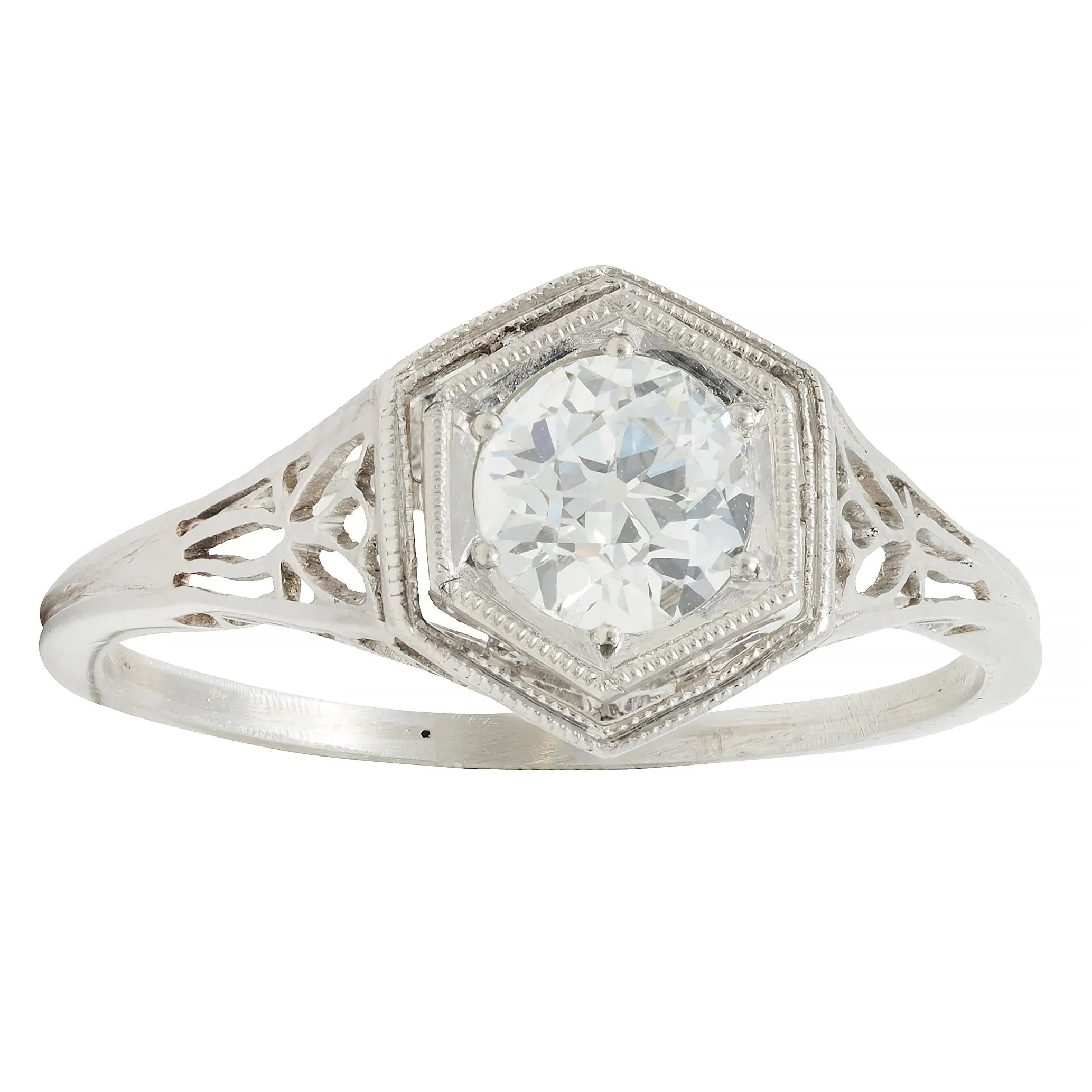 Art Deco 0.65 CTW Old European Diamond Platinum Scrolling Lotus Vintage Engagement Ring