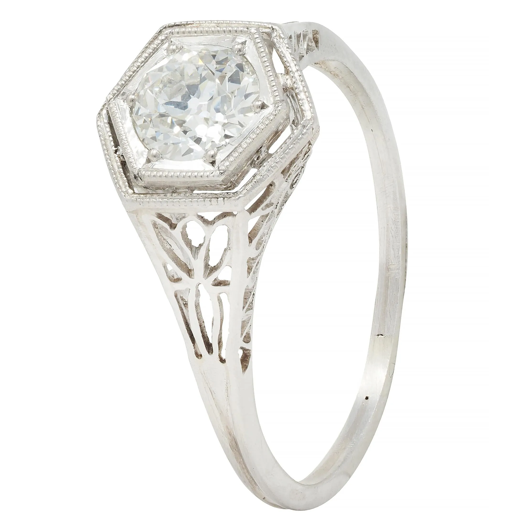 Art Deco 0.65 CTW Old European Diamond Platinum Scrolling Lotus Vintage Engagement Ring