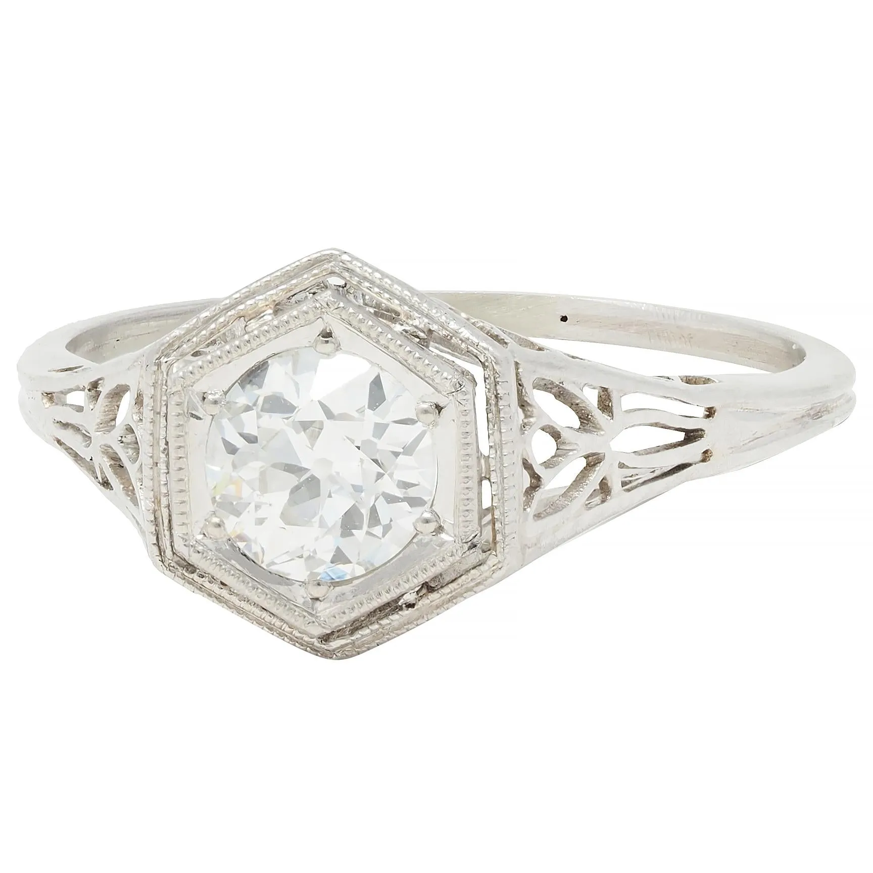 Art Deco 0.65 CTW Old European Diamond Platinum Scrolling Lotus Vintage Engagement Ring