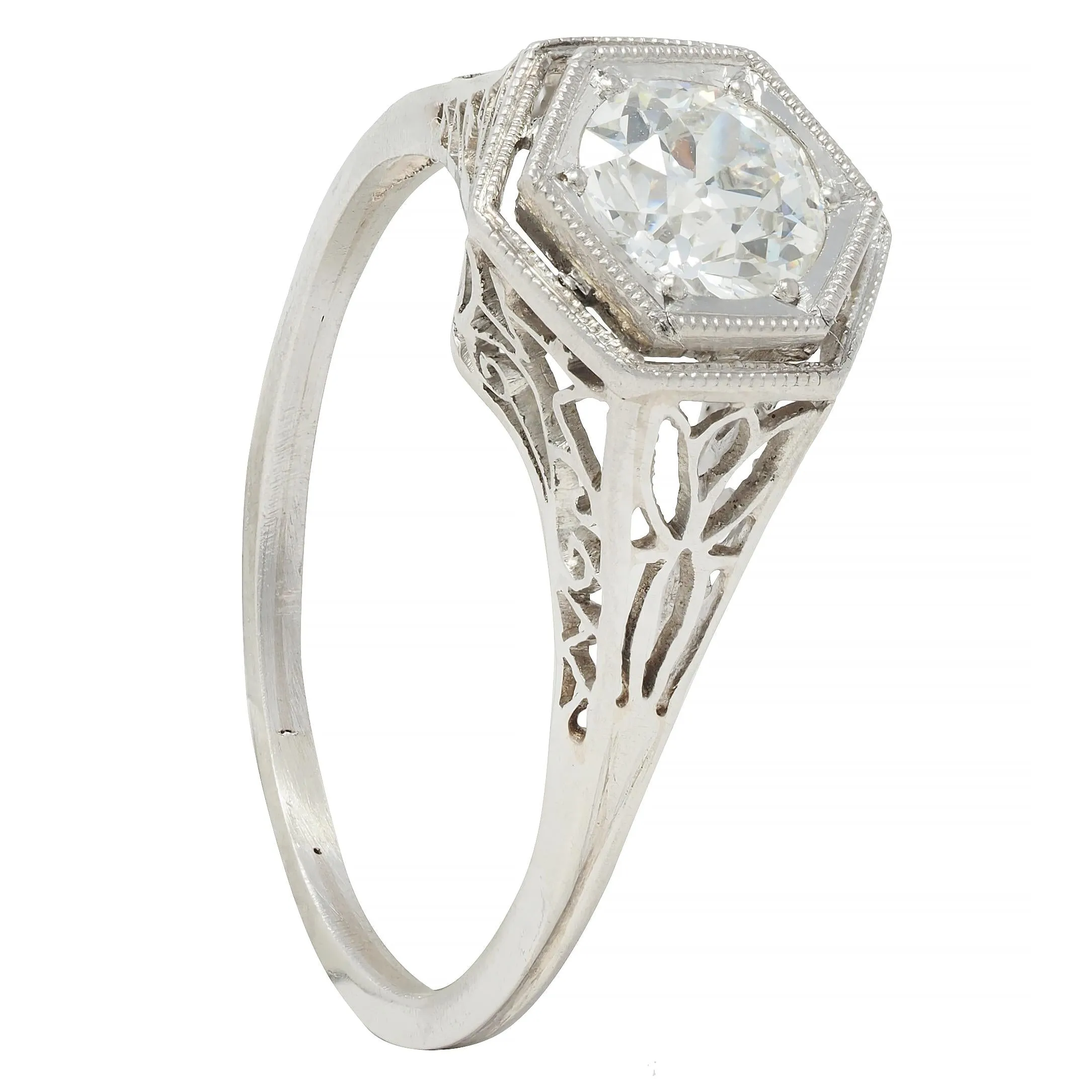 Art Deco 0.65 CTW Old European Diamond Platinum Scrolling Lotus Vintage Engagement Ring