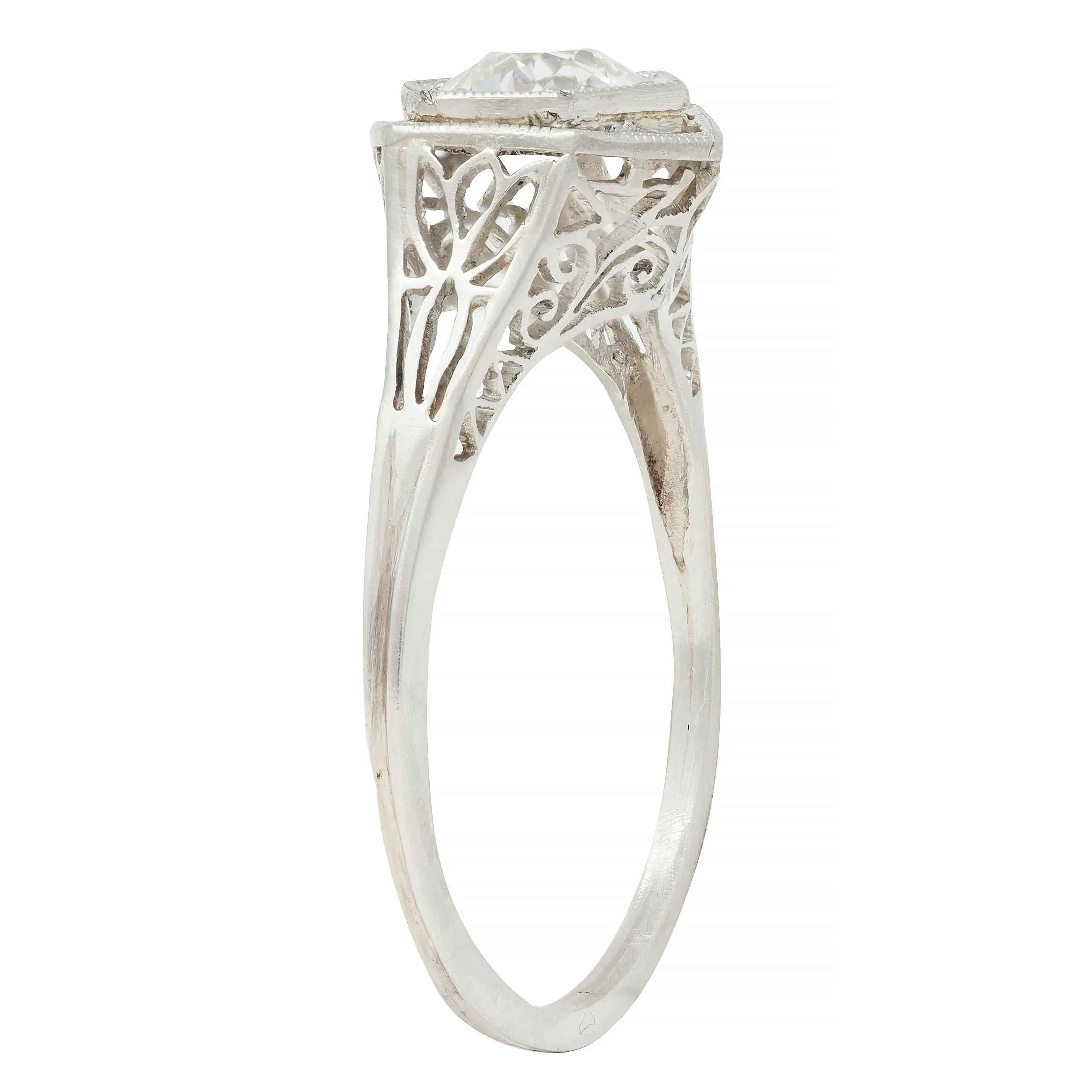 Art Deco 0.65 CTW Old European Diamond Platinum Scrolling Lotus Vintage Engagement Ring