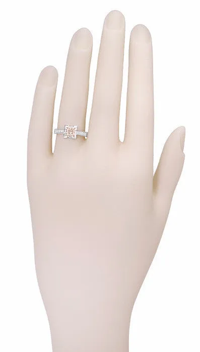 Art Deco 1 Carat Princess Cut Morganite and Diamond Engagement Ring in 18 Karat White Gold