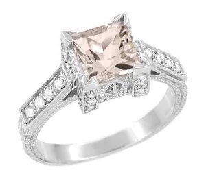 Art Deco 1 Carat Princess Cut Morganite and Diamond Engagement Ring in 18 Karat White Gold