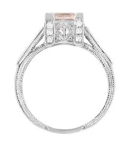 Art Deco 1 Carat Princess Cut Morganite and Diamond Engagement Ring in 18 Karat White Gold