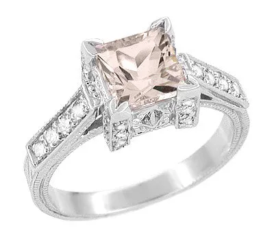 Art Deco 1 Carat Princess Cut Morganite and Diamond Engagement Ring in 18 Karat White Gold