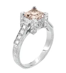 Art Deco 1 Carat Princess Cut Morganite and Diamond Engagement Ring in 18 Karat White Gold