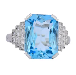 Art Deco 5.60 CTW Aquamarine Diamond Platinum Cocktail Ring