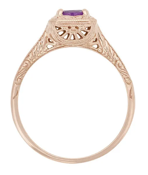Art Deco Amethyst Filigree Scrolls Engraved 14 Karat Rose Gold Engagement Ring