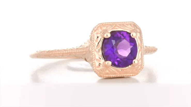 Art Deco Amethyst Filigree Scrolls Engraved 14 Karat Rose Gold Engagement Ring