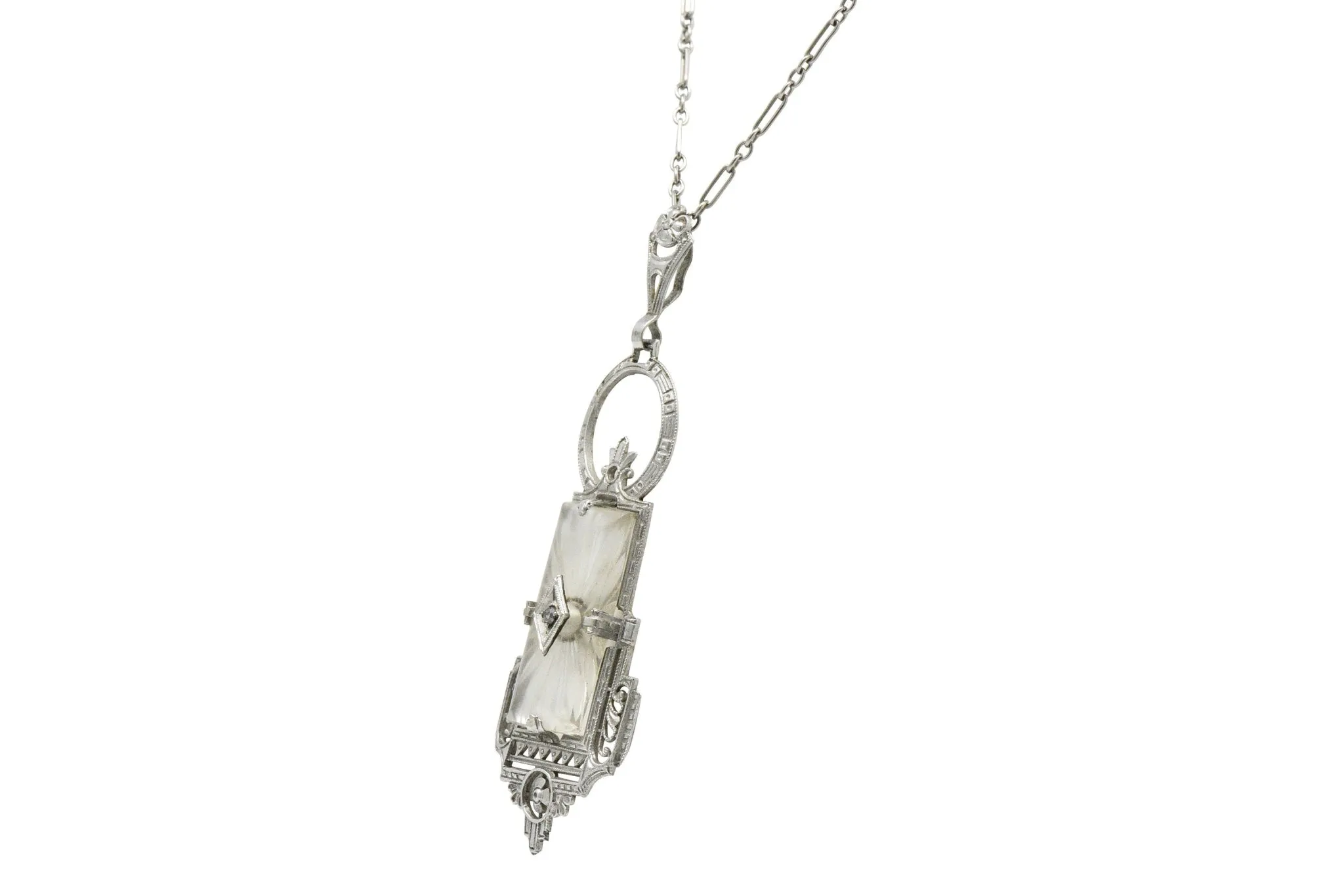 Art Deco Camphor Glass Diamond And 14 Karat White Gold Pendant Necklace