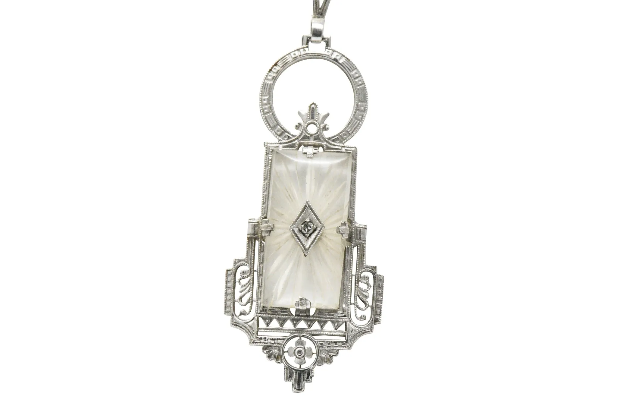 Art Deco Camphor Glass Diamond And 14 Karat White Gold Pendant Necklace
