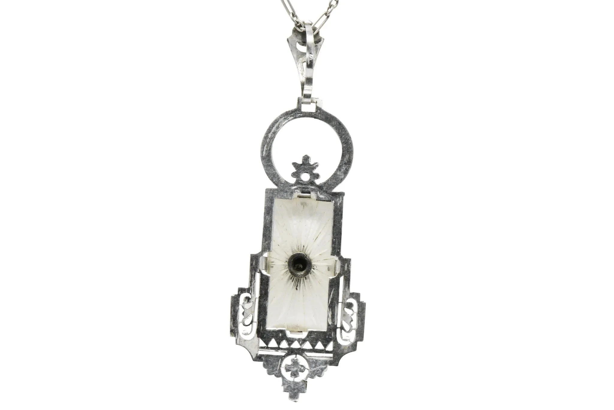 Art Deco Camphor Glass Diamond And 14 Karat White Gold Pendant Necklace