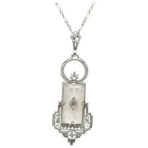 Art Deco Camphor Glass Diamond And 14 Karat White Gold Pendant Necklace