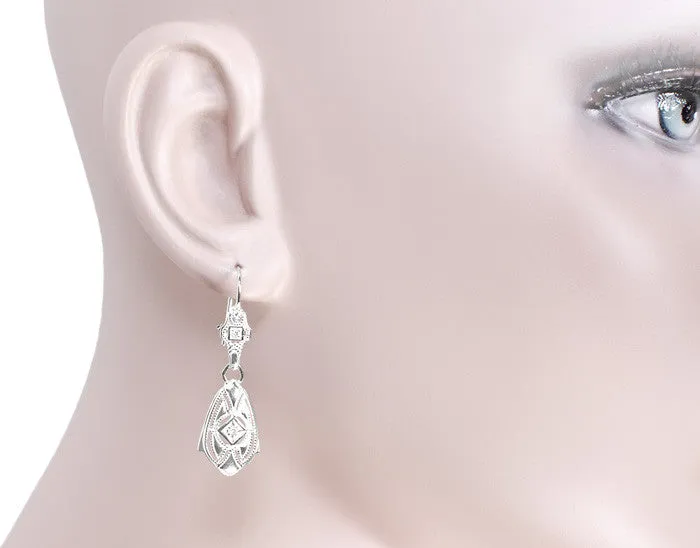 Art Deco Dangling Sterling Silver Diamond Filigree Earrings