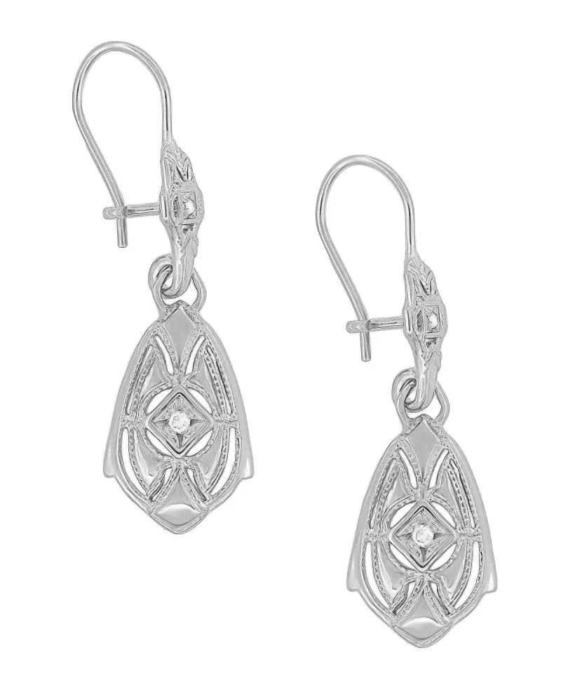 Art Deco Dangling Sterling Silver Diamond Filigree Earrings