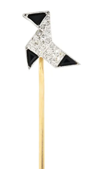 Art Deco Diamond Onyx Platinum 18 Karat Gold Origami Bird Stickpin