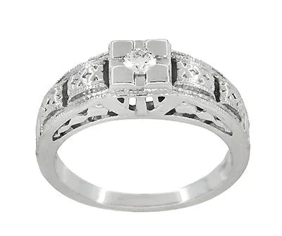 Art Deco Engraved White Sapphire Band Ring in Sterling Silver