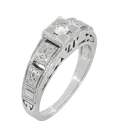 Art Deco Engraved White Sapphire Band Ring in Sterling Silver