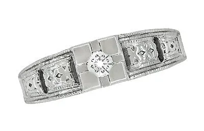 Art Deco Engraved White Sapphire Band Ring in Sterling Silver