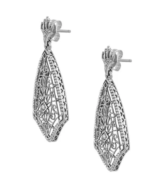 Art Deco Fan Drop Filigree Diamond Earrings in Sterling Silver