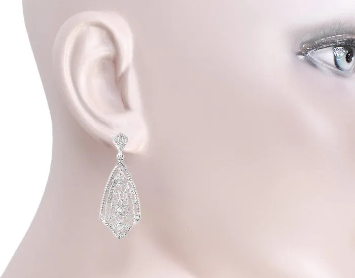Art Deco Fan Drop Filigree Diamond Earrings in Sterling Silver