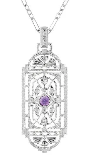 Art Deco Filigree Amethyst Geometric Pendant Necklace in Sterling Silver