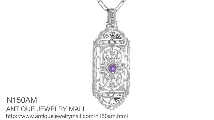 Art Deco Filigree Amethyst Geometric Pendant Necklace in Sterling Silver