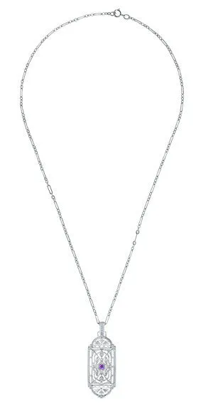 Art Deco Filigree Amethyst Geometric Pendant Necklace in Sterling Silver