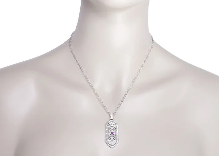 Art Deco Filigree Amethyst Geometric Pendant Necklace in Sterling Silver