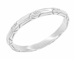 Art Deco Floral Geometric Wedding Band in 14 Karat White Gold
