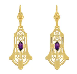 Art Deco Geometric Amethyst Dangling Filigree Earrings in Sterling Silver with Yellow Gold Vermeil