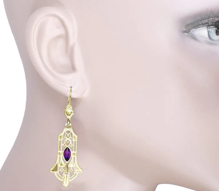 Art Deco Geometric Amethyst Dangling Filigree Earrings in Sterling Silver with Yellow Gold Vermeil