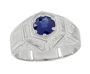 Art Deco Geometric Hexagonal Mens Blue Sapphire Ring in 14 Karat White Gold
