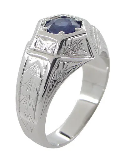 Art Deco Geometric Hexagonal Mens Blue Sapphire Ring in 14 Karat White Gold