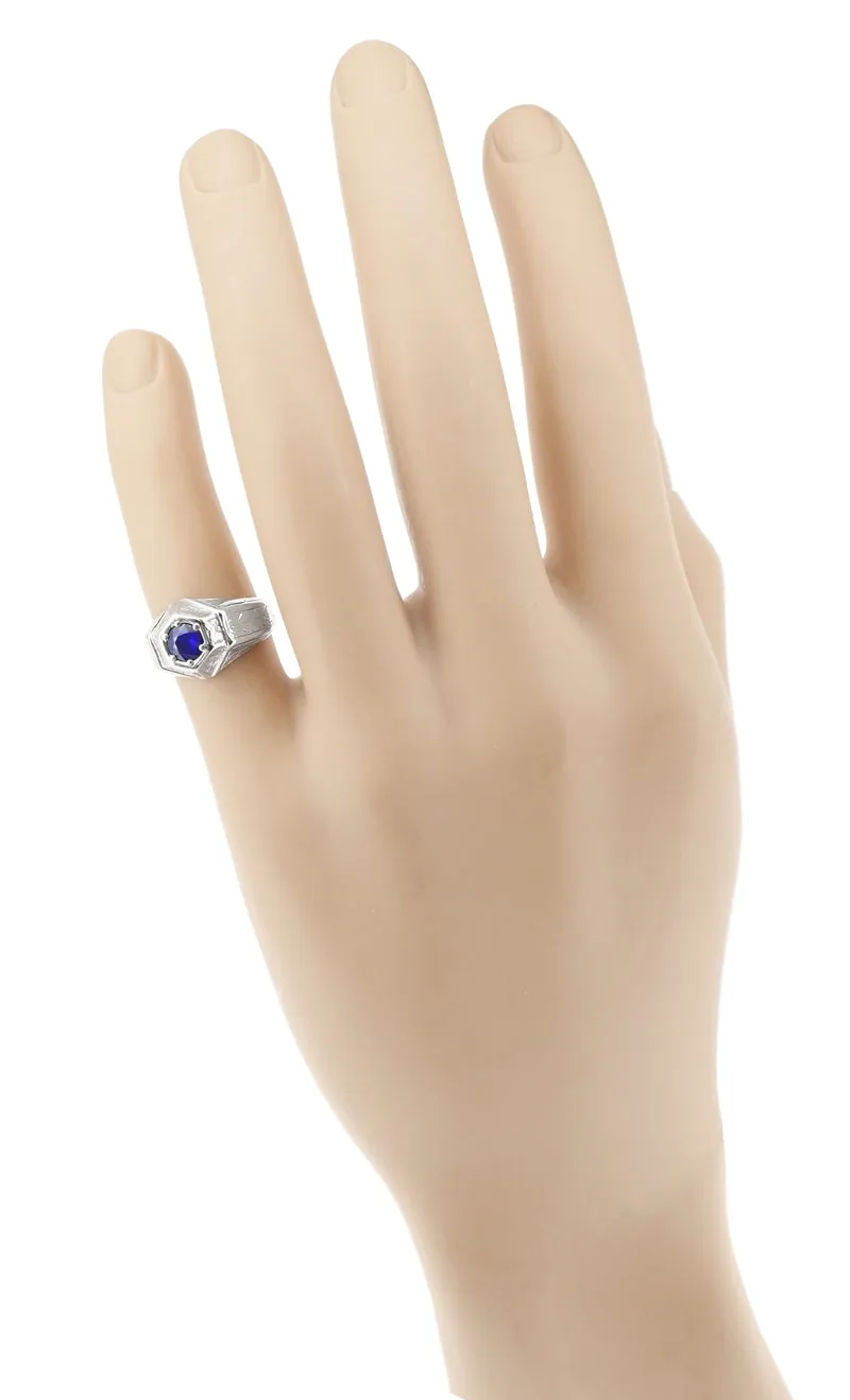 Art Deco Geometric Hexagonal Mens Blue Sapphire Ring in 14 Karat White Gold