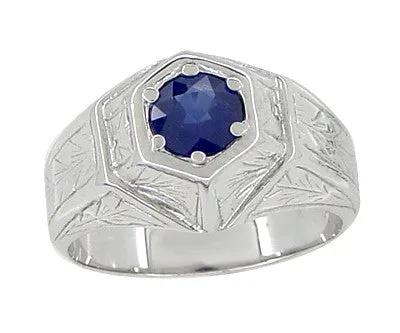 Art Deco Geometric Hexagonal Mens Blue Sapphire Ring in 14 Karat White Gold