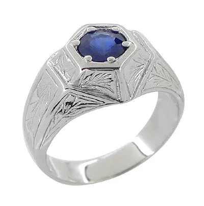 Art Deco Geometric Hexagonal Mens Blue Sapphire Ring in 14 Karat White Gold