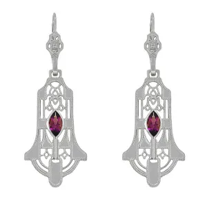 Art Deco Geometric Rhodolite Garnet Dangling Filigree Earrings in Sterling Silver