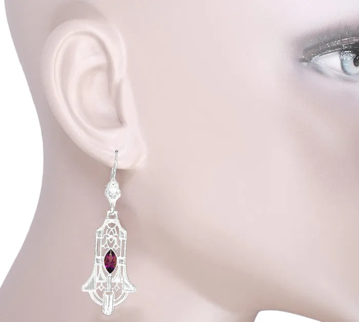 Art Deco Geometric Rhodolite Garnet Dangling Filigree Earrings in Sterling Silver